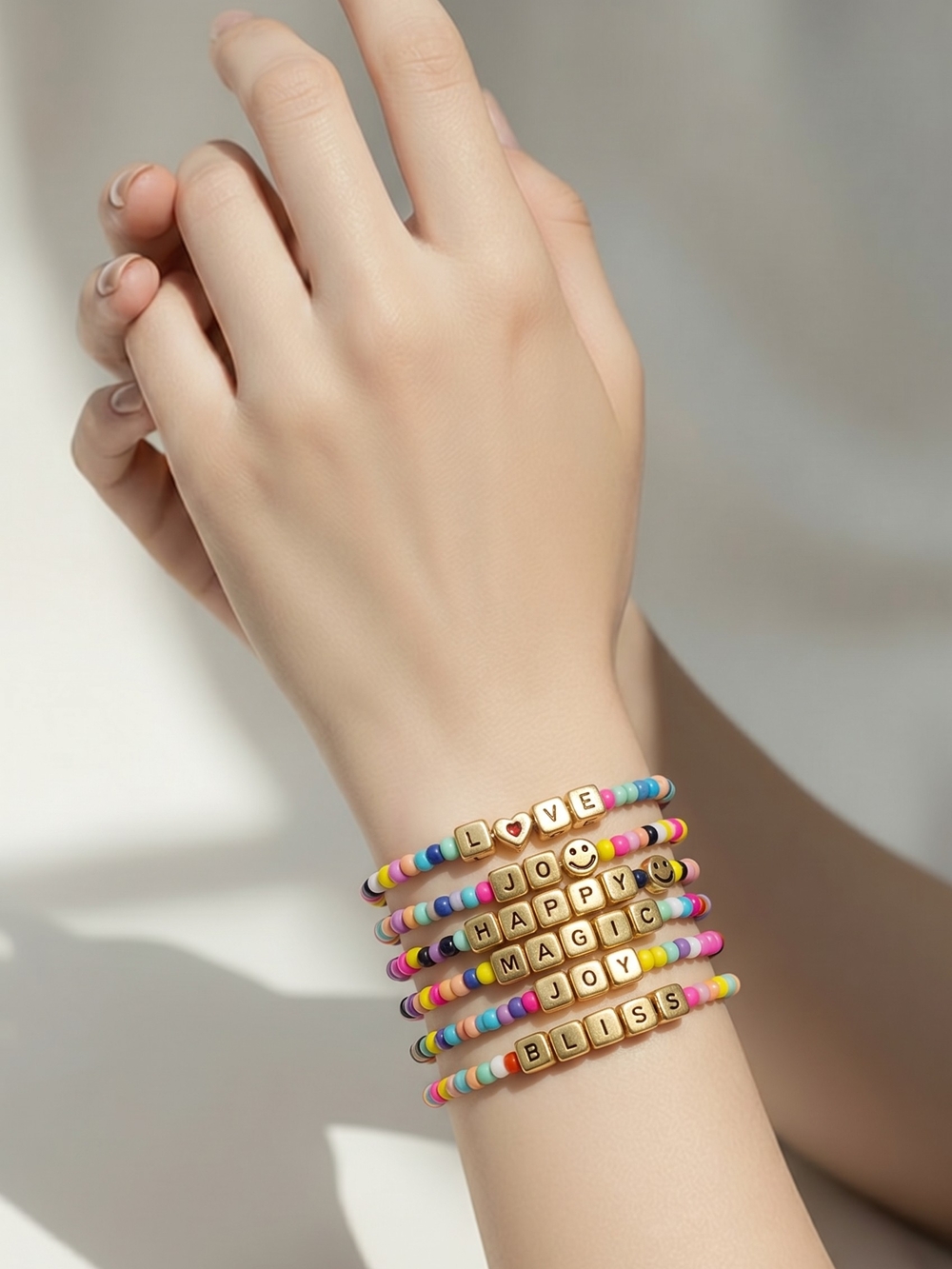 Rachel Roy Colorful Beaded Bracelet Set Bliss Happy Love Joy Magic Layered